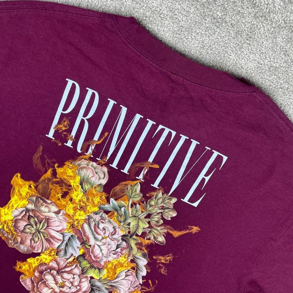 Primitive Skateboarding Apparel T-Shirt Men's Large Burgundy Burning Flowers S/S
